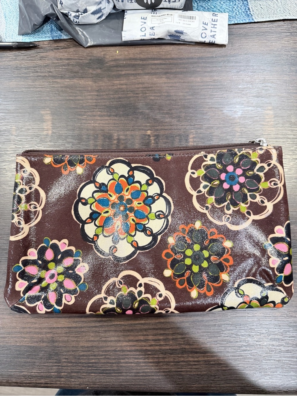 Fossil Brown Floral Zip Cosmetic Pouch with Multicolor Accents